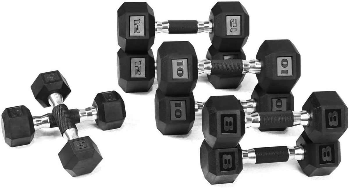 Rubber Encased 70LB(5, 8, 10, 12LB Pair) Hex Dumbbells with Rubber Grip Contoured Handle Rubber Encased 70LB(5, 8, 10, 12LB Pair) Hex Dumbbells with Rubber Grip Contoured Handle