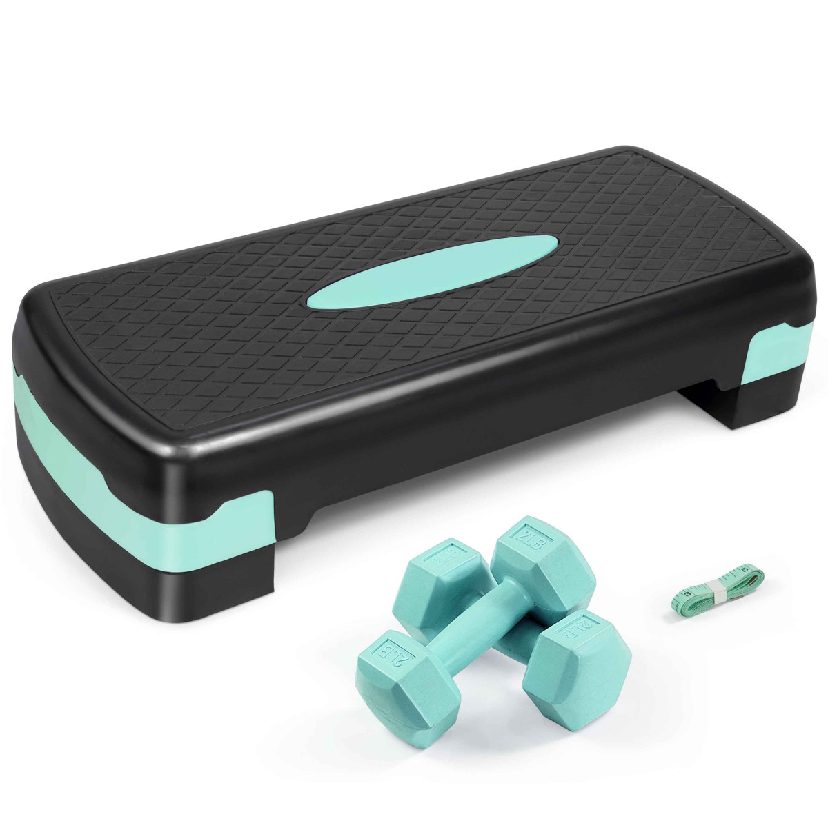 Adjustable 2 Level Aerobic Stepper Set with Dumbbells & Measuring Tape, Exercise Step for Home Fitness, 4 Colors Available