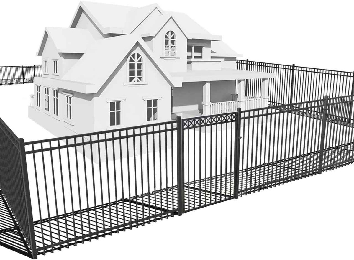Heavy Duty Flat Top Fence Barrier Kit with 6FT Height X 8FT Width Panels, Decorative Gate, Posts & Connectors, Multi-options