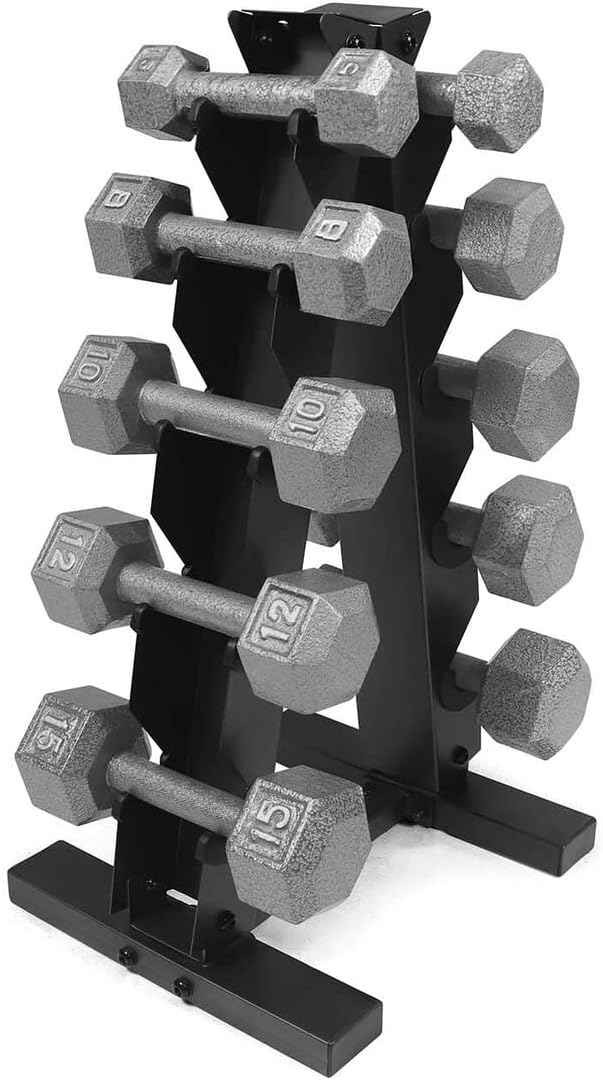Cast Iron Dumbbell Set with Rack, Solid Hexagon Grey Dumbbell Set with Rack, Strength Training Free Weights for Women & Men