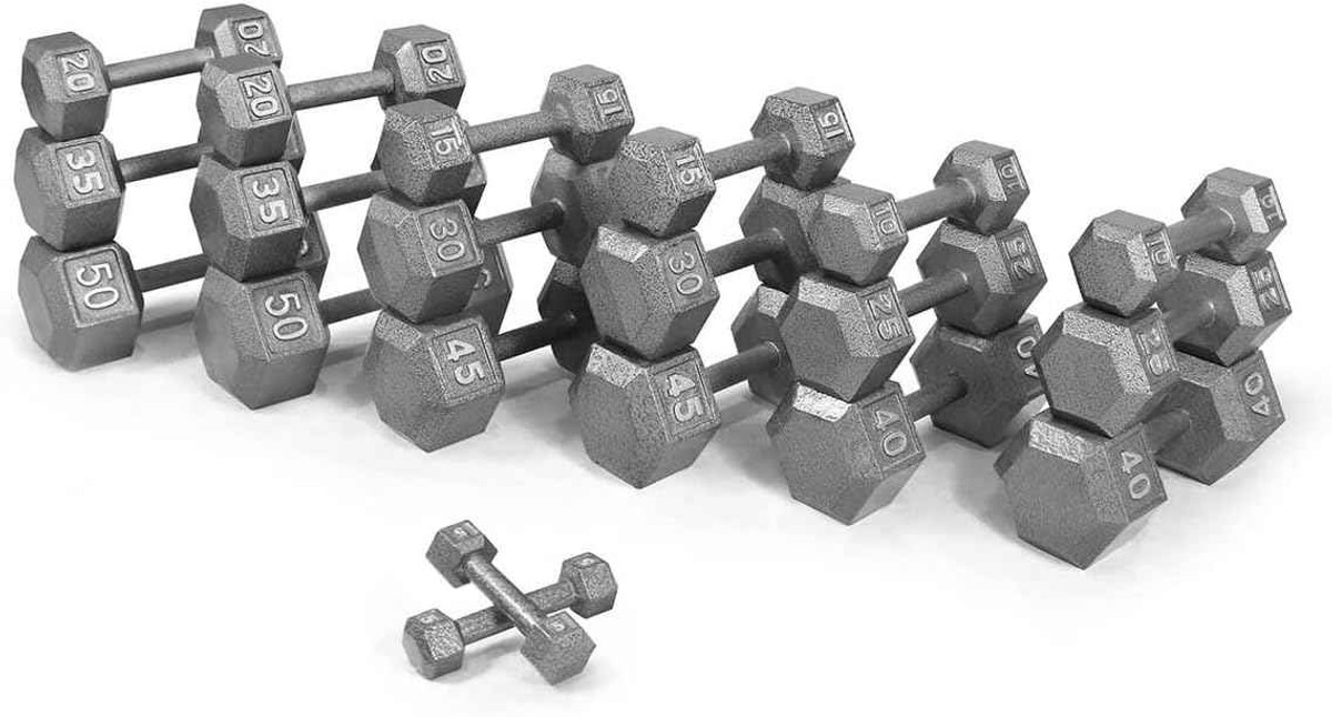 550 / 590 LB Solid Grey Cast Iron Hex Dumbbell Set, Dumbbells Only or with Rack
