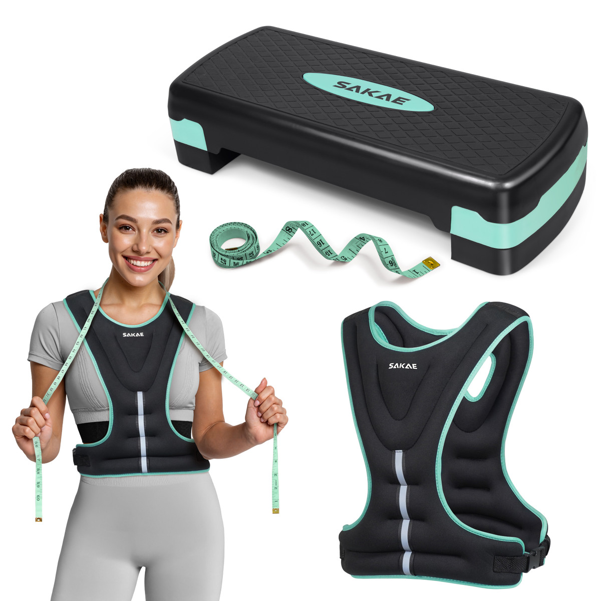 Adjustable 2 Level Aerobic Stepper Set with 8LB Weighted Vest & Measuring Tape, Exercise Step for Home Fitness, 4 Colors Available