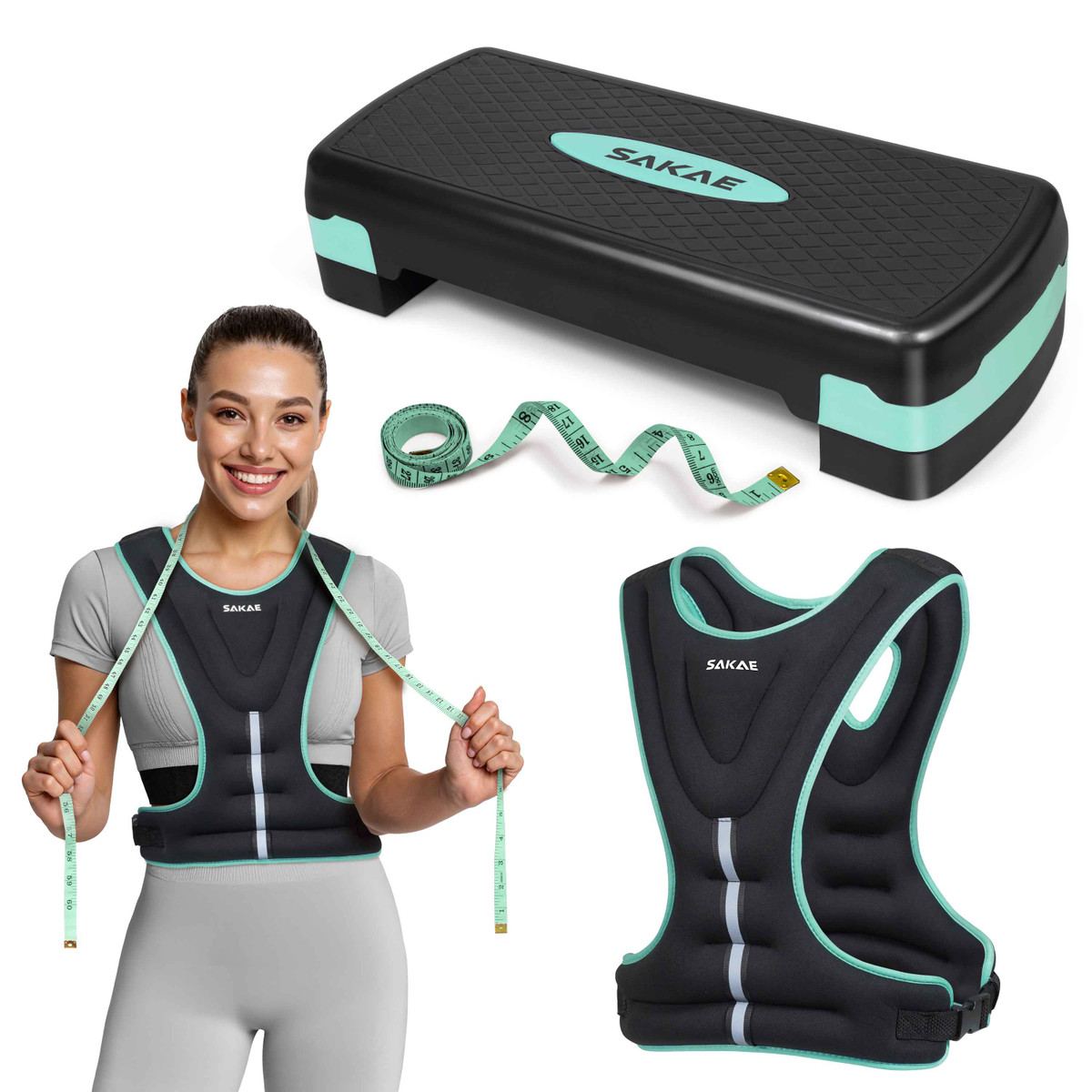 Adjustable 2 Level Aerobic Stepper Set with 8LB Weighted Vest & Measuring Tape, Exercise Step for Home Fitness, 4 Colors Available