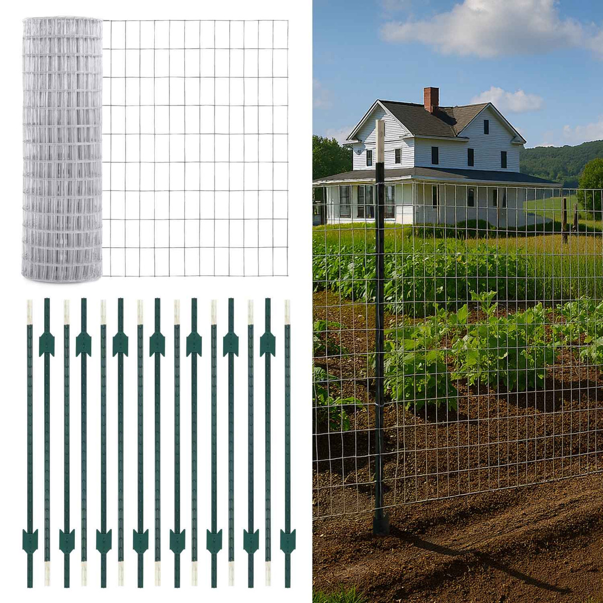 12.5-Gauge 5 ft. x 100 ft. Galvanized Welded Fence Wire Roll with 15 pcs 7 ft T-Posts, Farm & Garden Fencing Kit
