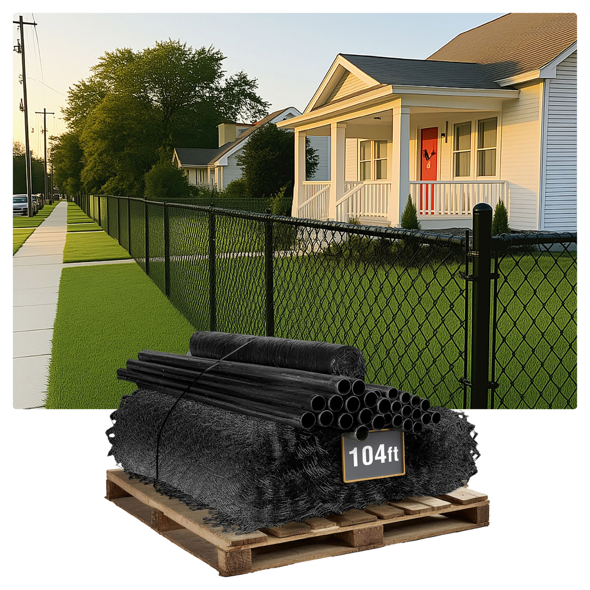 5ft. Height 9 Gauge Black Vinyl Coated Chain Link Fence Kit w/Fence Fabric, Gate, Posts, Top Rails & Hardware, Multiple Options