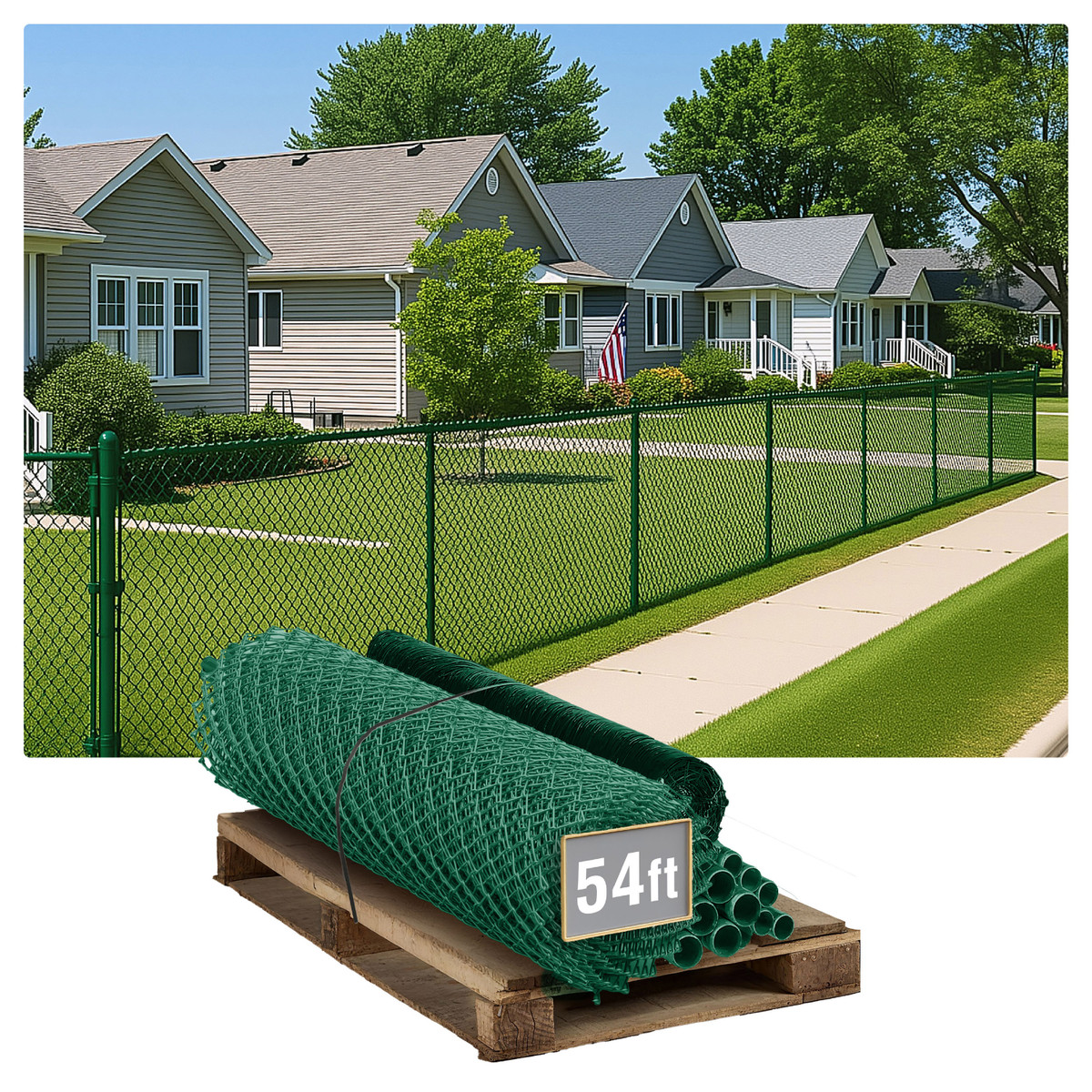 4ft. Height 9 Gauge Green Vinyl Coated Chain Link Fence Kit w/Fence Fabric, Gate, Posts, Top Rails & Hardware, Multiple Options