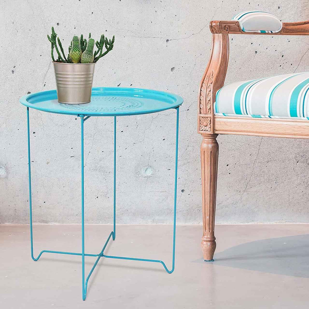 Foldable 18-Inch Round Metal End Table, Side Table, Capri Breeze (Blue)