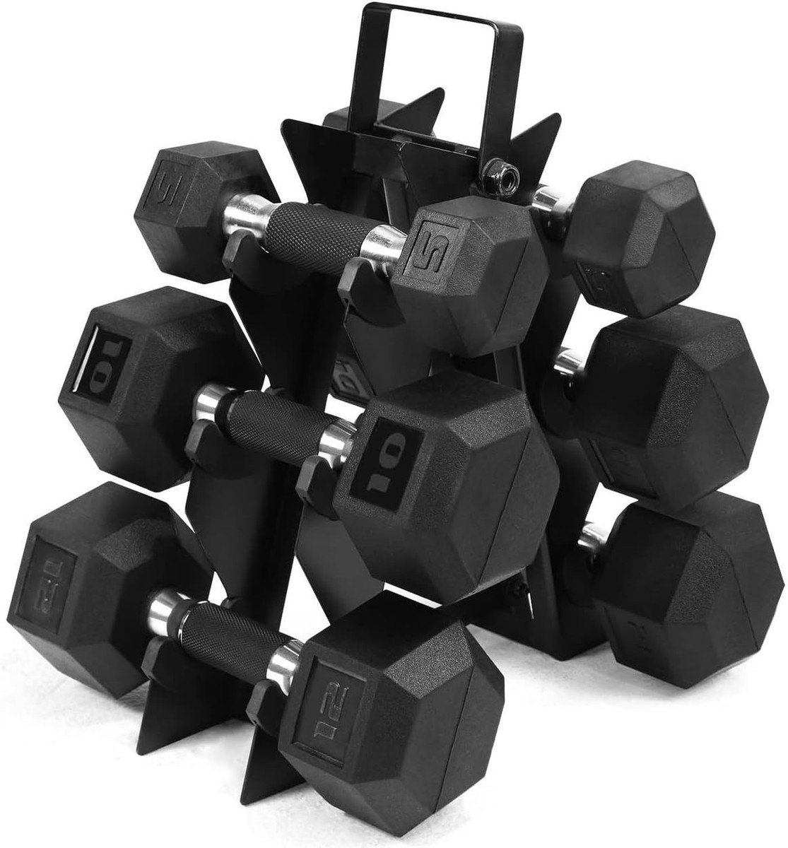 CAP Barbell 54(5, 10, 12 Pair) LB PVC-Coated Hex Dumbbell Set with 3-tier Rack Stand CAP Barbell 54(5, 10, 12 Pair) LB PVC-Coated Hex Dumbbell Set with 3-tier Rack Stand