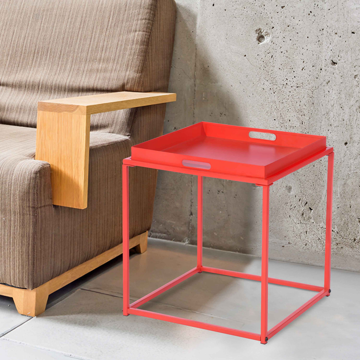 15.7-Inch Square Metal Tray End Table, Side Table, Matte Red