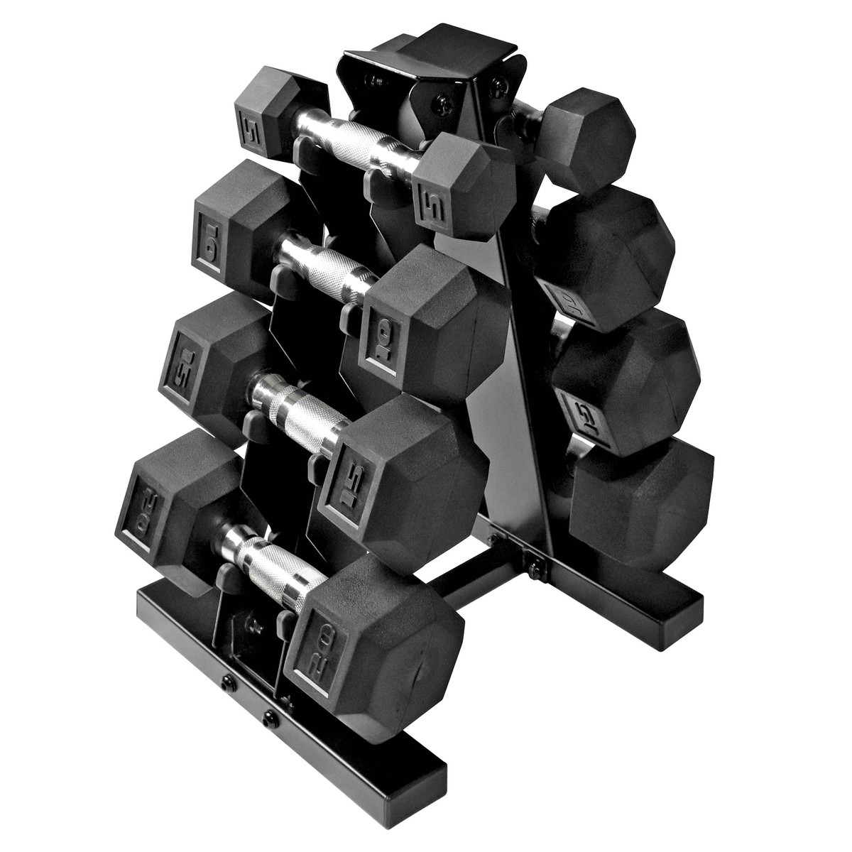 5-20 LB Rubber-Coated Hex Dumbbell Set with Chrome Handle and 4-Tier A-Frame Rack