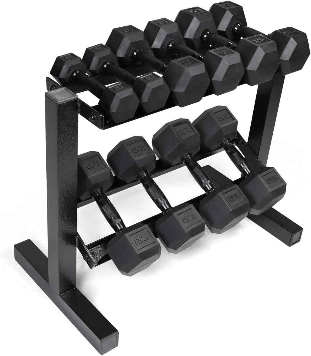5-25Lb Rubber Coated Hex Dumbbell Set with 2-Tier Rack, Multiple Handle Options
