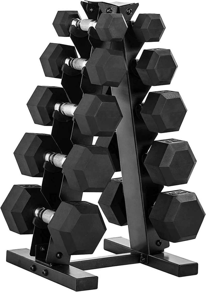 5 to 25 LB Rubber Hex Dumbbell Set with A-Frame Rack, Multiple Handle Options 5 to 25 LB Rubber Hex Dumbbell Set with A-Frame Rack, Multiple Handle Options