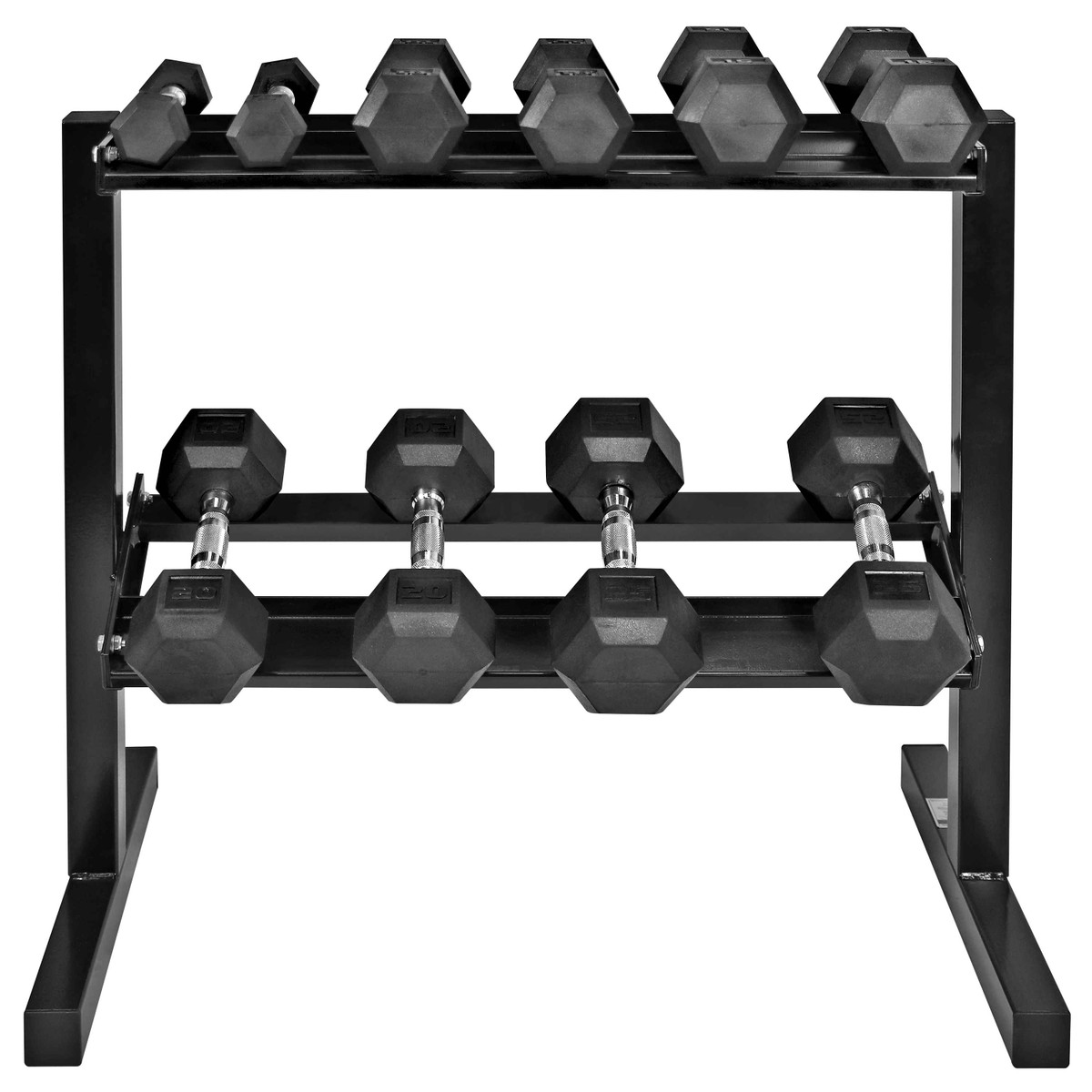 5-25 LB Rubber-Coated Hex Dumbbell Set with Chrome Handle and 2-Tier Rack