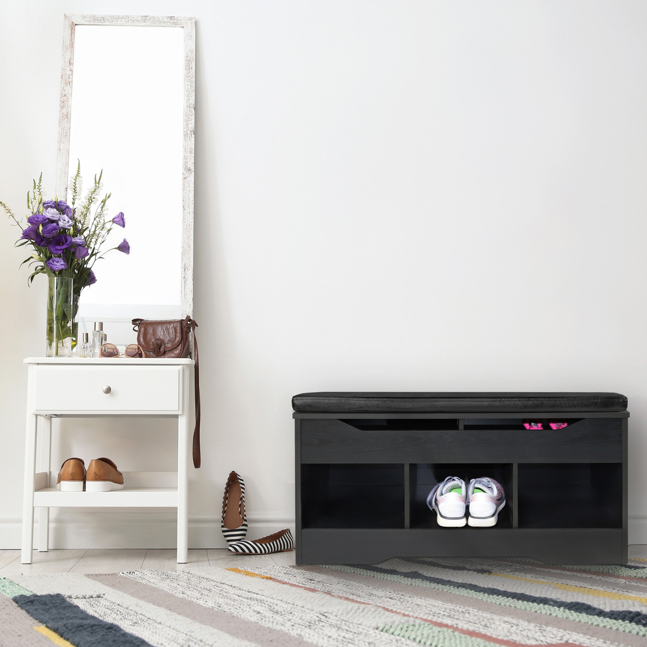 Shoe Cabinet Cushioned Bench With Open Storage Cubbies Rack With
