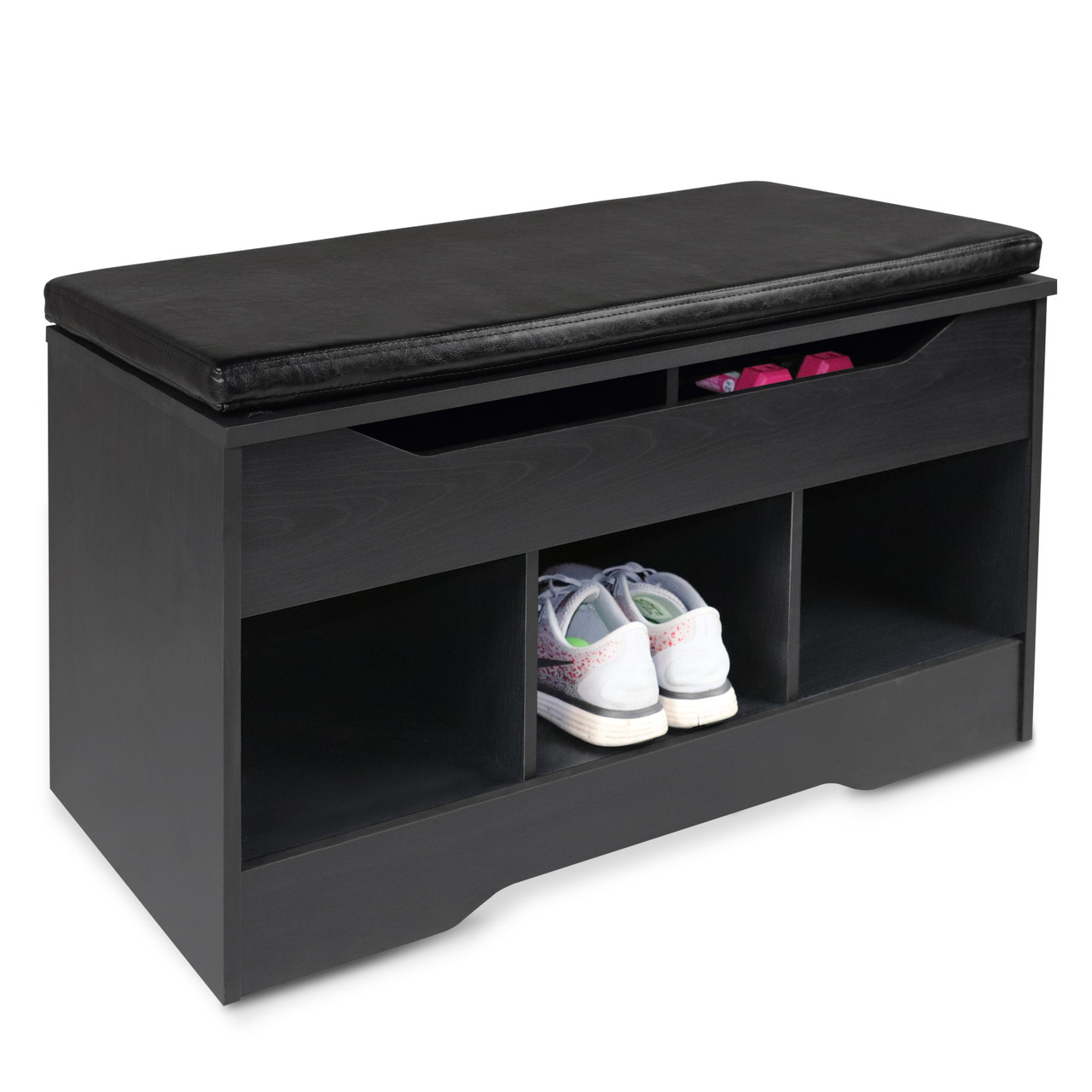 Shoe Cabinet Cushioned Bench With Open Storage Cubbies Rack With