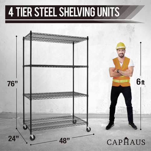 Commercial Grade Adjustable Height Wire Shelving with Leveling Feet & Wheels, 4-Tier Commercial Grade Adjustable Height Wire Shelving with Leveling Feet & Wheels, 4-Tier