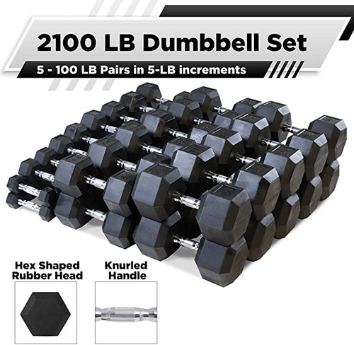 CAP Barbell 5-100 LB Rubber Coated Hex Dumbbell Set, Multiple Choices Available - Dumbbells Only CAP Barbell 5-100 LB Rubber Coated Hex Dumbbell Set, Multiple Choices Available - Dumbbells Only
