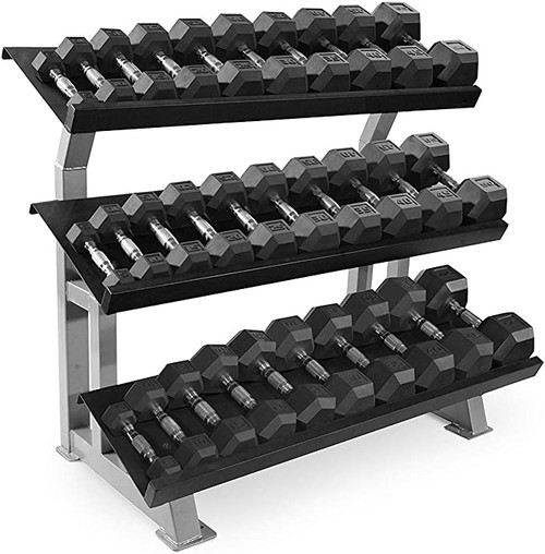Rubber Coated Hex 5-70lb Dumbbell Set with 3-tier Rack Stand Rubber Coated Hex 5-70lb Dumbbell Set with 3-tier Rack Stand
