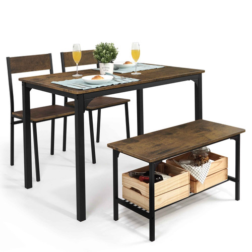 4 Pieces Dining Table Set for 4 w/Bench and Chairs