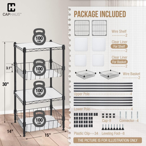 NSF Adjustable 2 to 4 Tier Stackable, Height 5/6 Tier Wire Shelving Unit w/ Basket & Liners NSF Adjustable 2 to 4 Tier Stackable, Height 5/6 Tier Wire Shelving Unit w/ Basket & Liners