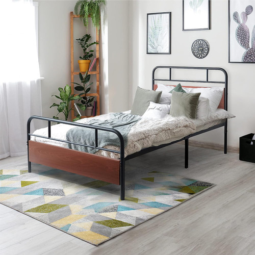 Metal Bed Frame with Wooden Headboard and Footboard Metal Bed Frame with Wooden Headboard and Footboard