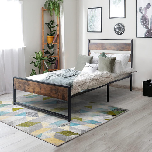 Metal Bed Frame with Modern Wood Headboard and Footboard Metal Bed Frame with Modern Wood Headboard and Footboard