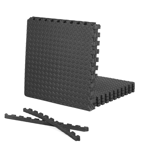 1-Inch Thickness Interlocking Reversible Exercise Foam Mats, Diamond Pattern Gym Flooring Tiles, Black