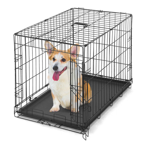30” Wire Metal Foldable Dog Kennel w/Easy-Flick Lock, Divider Panel, Leak-Proof Pan & Protecting Feet
