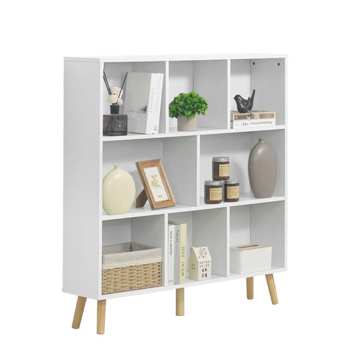 40” Wide Wooden Cube Storage Organizer with Legs, 8 Cube 3 Tier Mid Century Bookshelf