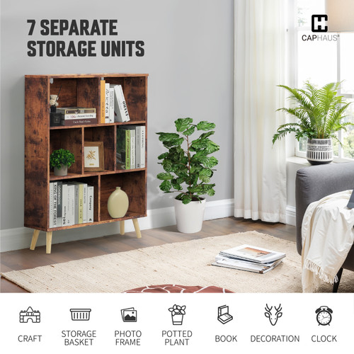 32” Wide Wooden Cube Storage Organizer with Legs, 7 Cube 3 Tier Mid Century Bookshelf 32” Wide Wooden Cube Storage Organizer with Legs, 7 Cube 3 Tier Mid Century Bookshelf