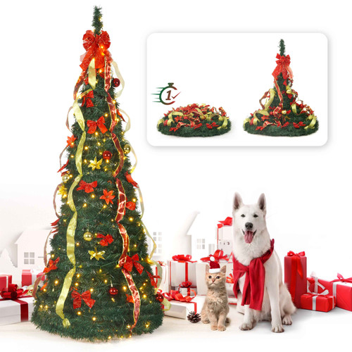 4.5 / 6 / 7.5 Feet Premium Full Artificial Pop Up Foldable Christmas Tree, Red & Golden Ribbon