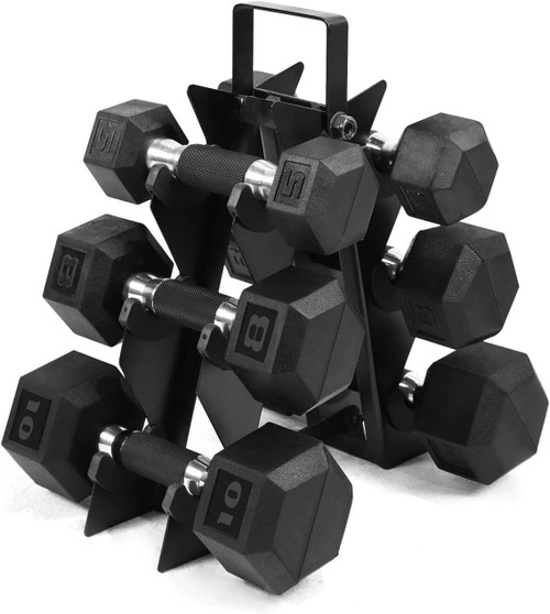 5, 8, 10 LB Rubber-Coated Hex Dumbbell Set with Non-Slip Grip Handle, Dumbbells Only or with Rack 5, 8, 10 LB Rubber-Coated Hex Dumbbell Set with Non-Slip Grip Handle, Dumbbells Only or with Rack