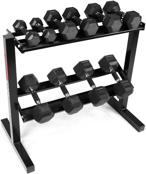 Rubber-Coated Hex Dumbbells with 2-Tier Rack