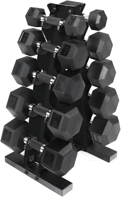 Rubber-Coated Hex Dumbbells with A-Frame Rack