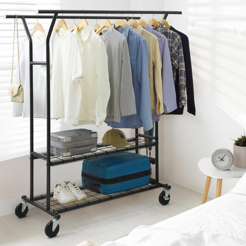 840LBS Capacity Heavy Duty Clothes Rack with Double Rods, 2 Shelves, Extendable Rods