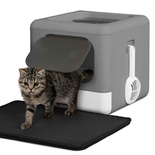 Foldable Cat Litter Box with Lid, Drawer Design, Two-Way Entry, Includes Scoop & Mat