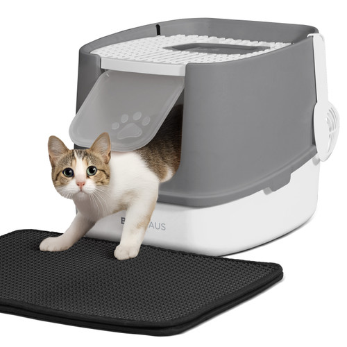 Fully Enclosed Double-Door Cat Litter Box with Lid, Scoop, Cat Mat & Odor Filter, Lockable Front Door