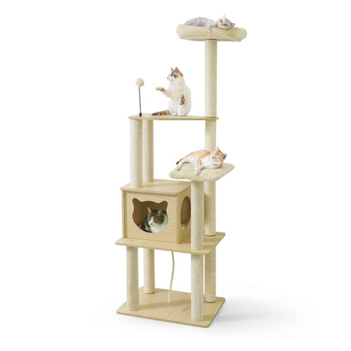65" Wooden Cat Tree with Cave Condo for Indoor Cats