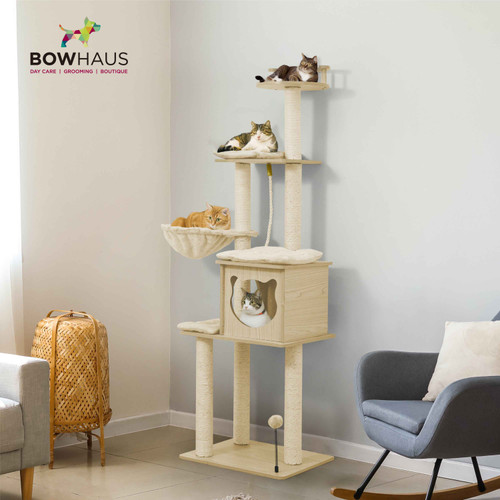 64" Wooden Cat Tree with Cave Condo for Indoor Cats