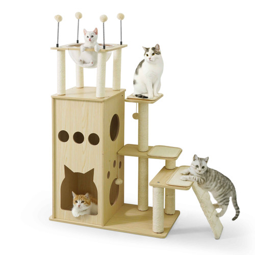 53" Wooden Cat Tree with Cave Condo for Indoor Cats
