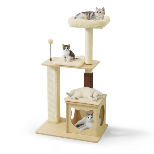 42" Wooden Cat Tree with Cave Condo for Indoor Cats