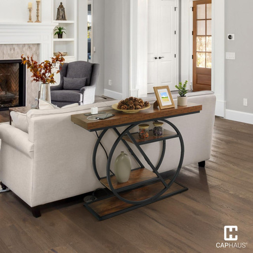 41” Unique Design Industrial Thick Sofa Console Table w/Storage & Charging Station, w/ 2 Outlets, USB & Type-C Ports