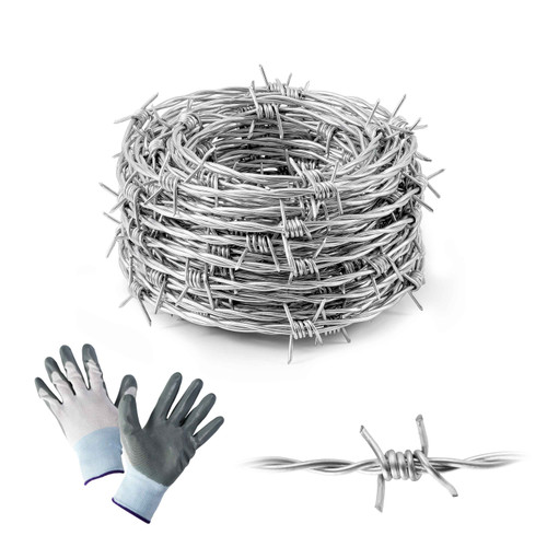 4 Point Barbed Wire with Gloves, 15 Gauge Galvanized Barb Craft Wire