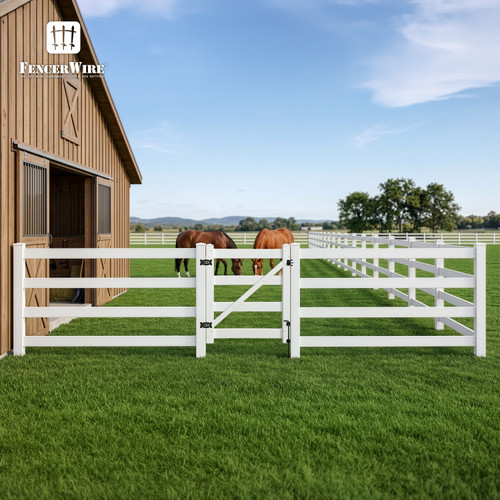3-Rail Vinyl Ranch Fence Kit with 4ft H x 4ft W Gate, 6ft Posts & 8ft Rails, Multiple Options