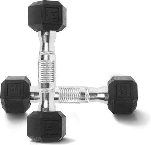 Rubber Encased Hex Dumbbells with Contoured Chrome Handle, from 3LB to 120LB, Sold in Pairs Rubber Encased Hex Dumbbells with Contoured Chrome Handle, from 3LB to 120LB, Sold in Pairs