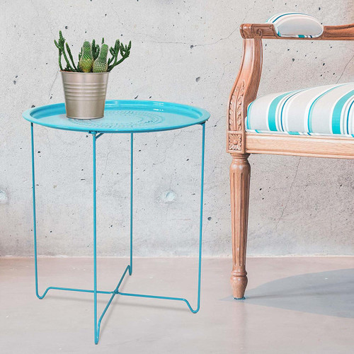 Foldable 18-Inch Round Metal End Table, Side Table, Capri Breeze (Blue) Foldable 18-Inch Round Metal End Table, Side Table, Capri Breeze (Blue)