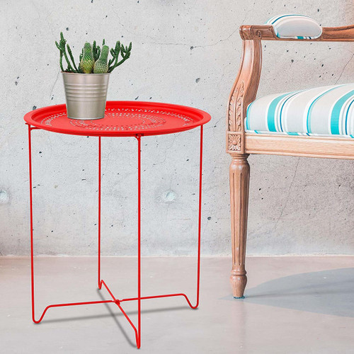 Foldable 18-Inch Round Metal End Table, Side Table, Samba Red Foldable 18-Inch Round Metal End Table, Side Table, Samba Red