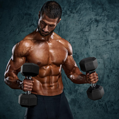 Rubber Coated Hex 5 - 50LB Dumbbell Set with 3-Tier Rack and Mat, Multiple Options Rubber Coated Hex 5 - 50LB Dumbbell Set with 3-Tier Rack and Mat, Multiple Options
