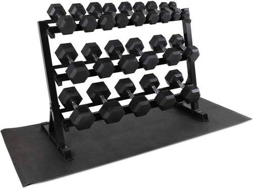 5–50 LB Rubber-Coated Hex Dumbbell Set with Chrome Handle, 3-Tier Rack and Mat 5–50 LB Rubber-Coated Hex Dumbbell Set with Chrome Handle, 3-Tier Rack and Mat