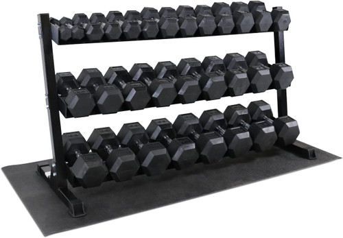 Rubber Hex Dumbbell Set with 3-Tier Rack & Mat